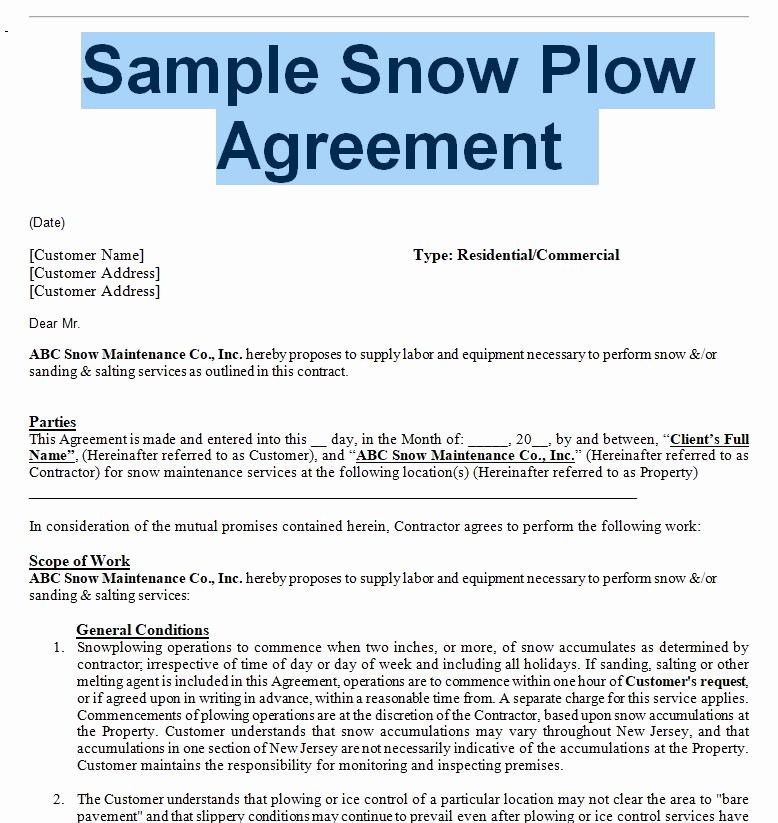 Snow Removal Bid Template Lovely Snow Removal Agreement and Contract
