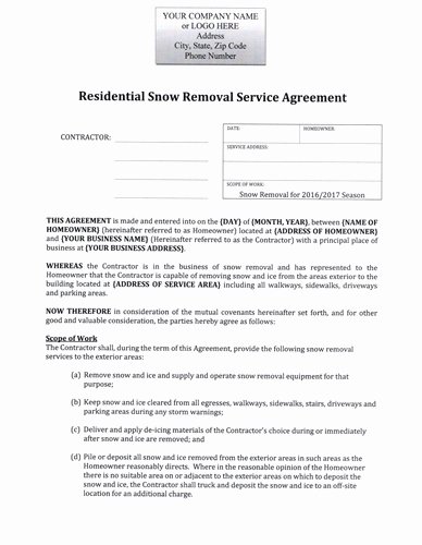 Snow Removal Bid Template New Snow Plow Hourly Rate Residential Agreement $12 99