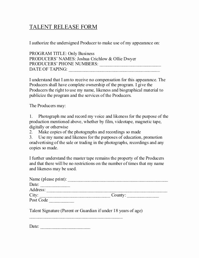 Social Media Release form Template Fresh Talent Release form