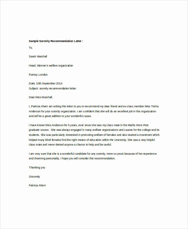 Sorority Recommendation Letter Template Unique Examples Of Re Mendation Letter