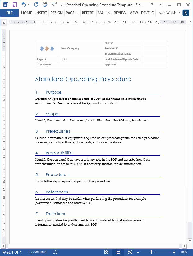 Standard Operating Procedure Template Word Fresh Standard Operating Procedures Templates Ms Word Excel