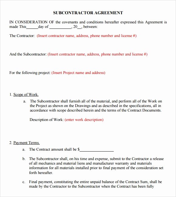 Subcontractor Agreement Template Free Awesome Sample Subcontractor Agreement – 7 Example format