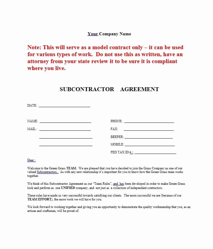 Subcontractor Agreement Template Free Beautiful Subcontractor Agreement