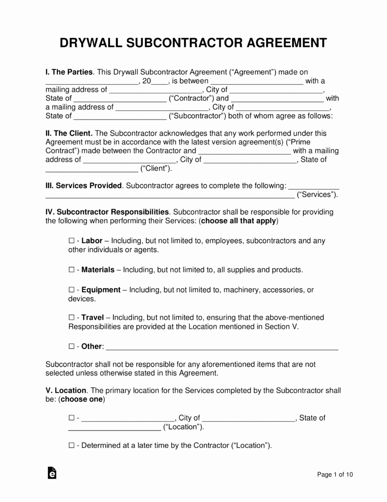 Subcontractor Agreement Template Free Inspirational Free Drywall Subcontractor Agreement Pdf Word