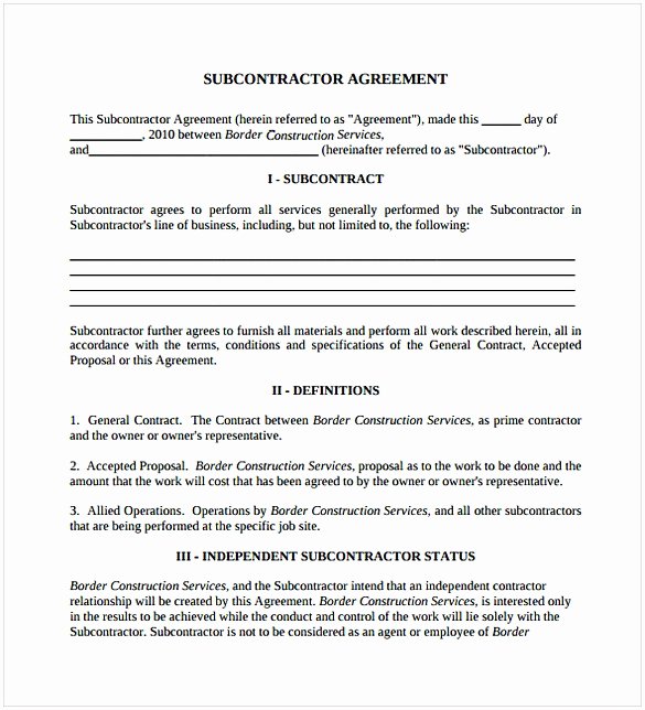 Subcontractor Agreement Template Free Inspirational Subcontractor Agreement Pdf