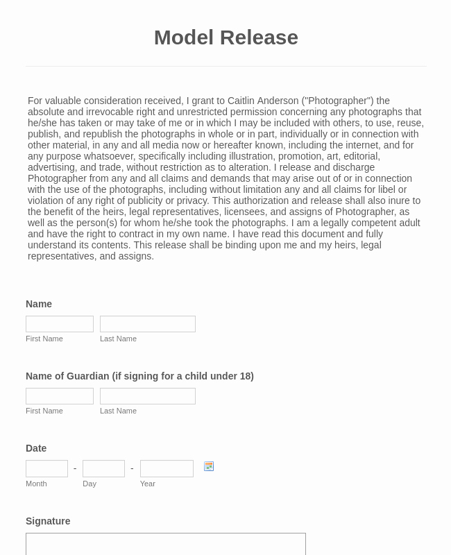 Talent Release form Template Fresh Model Release form Template