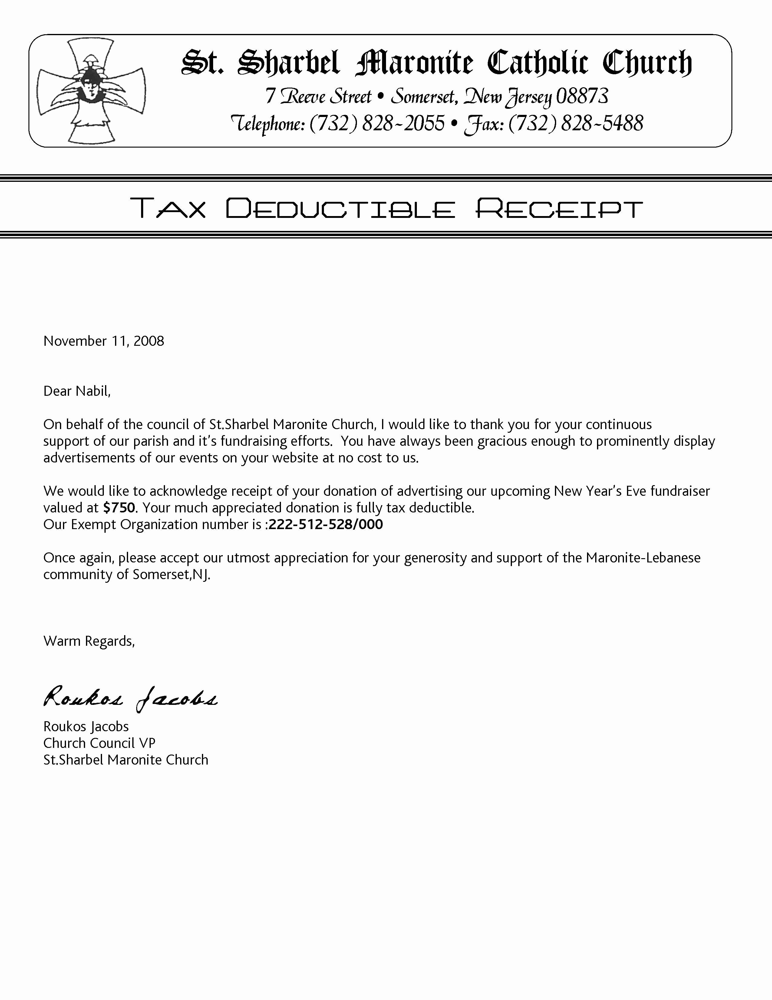 Tax Donation Receipt Template New Church Contribution Letter