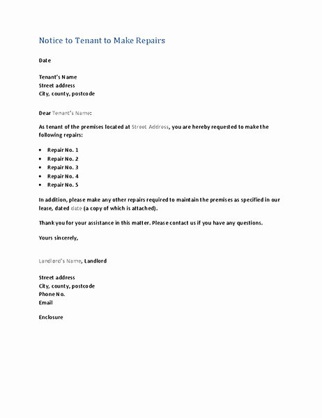Tenant Maintenance Request form Template Inspirational Notice to Tenant to Make Repairs form Letter