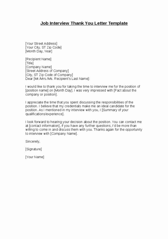 Thank You Letter Business Template Lovely Job Interview Thank You Letter