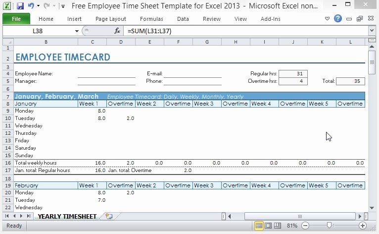 Time Log Template Excel New Free Employee Time Sheet Template for Excel 2013