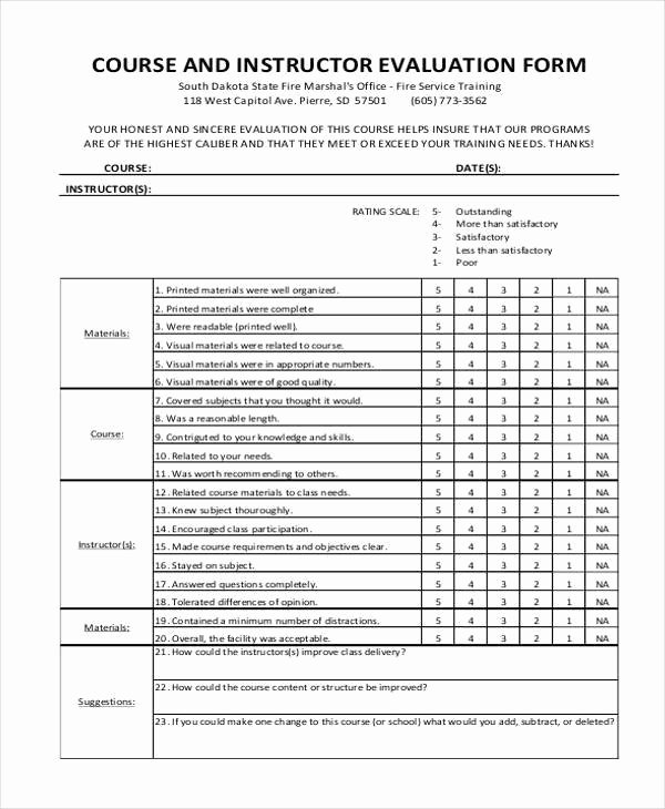 Training Evaluation forms Template Lovely Free 7 Instructor Evaluation form Samples In Sample