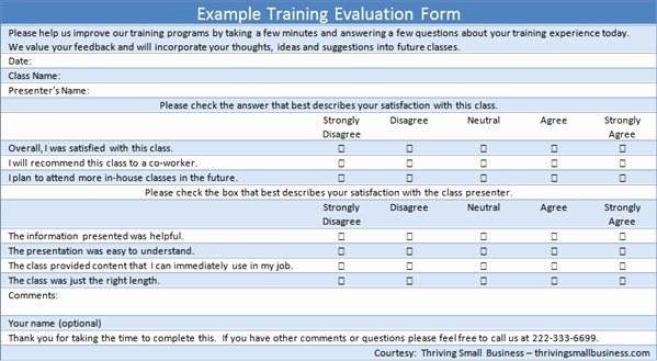 Training Evaluation forms Template New Sample Training Evaluation form — the Thriving Small Business