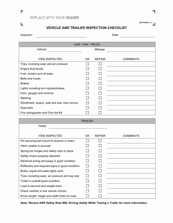 Truck Inspection form Template Elegant Vehicle and Trailer Inspection Checklist In Word and Pdf