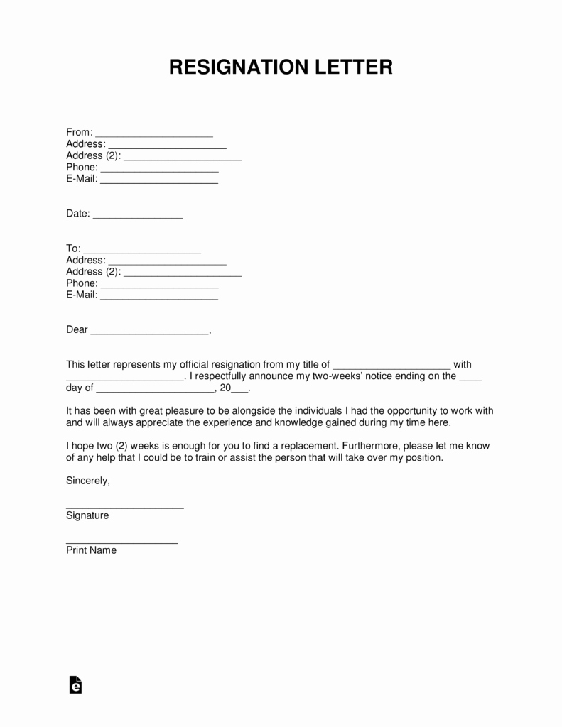 Two Weeks Notice Template Word Fresh Two 2 Weeks’ Notice Resignation Letter Template – with
