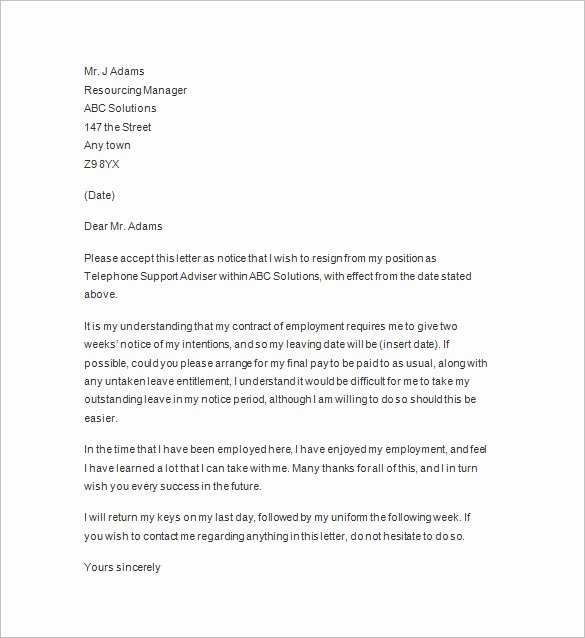Two Weeks Notice Template Word Inspirational 11 Two Weeks Notice Letter Templates Pdf Google Docs