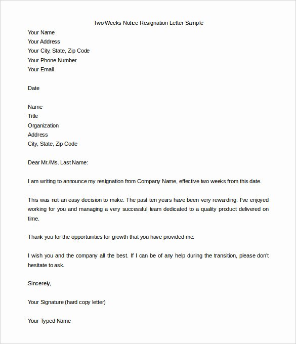 Two Weeks Notice Template Word Luxury New Sample Resignation Letter In Word Doc