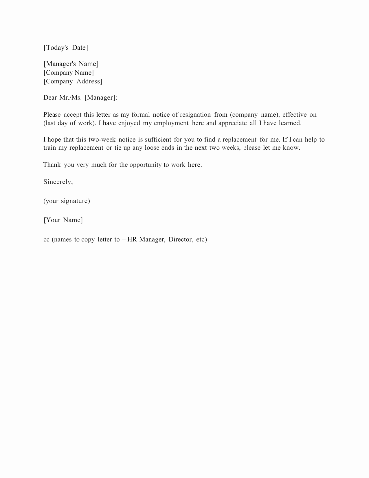 Two Weeks Notice Template Word New Download Standard Two 2 Weeks Notice Letter Template and