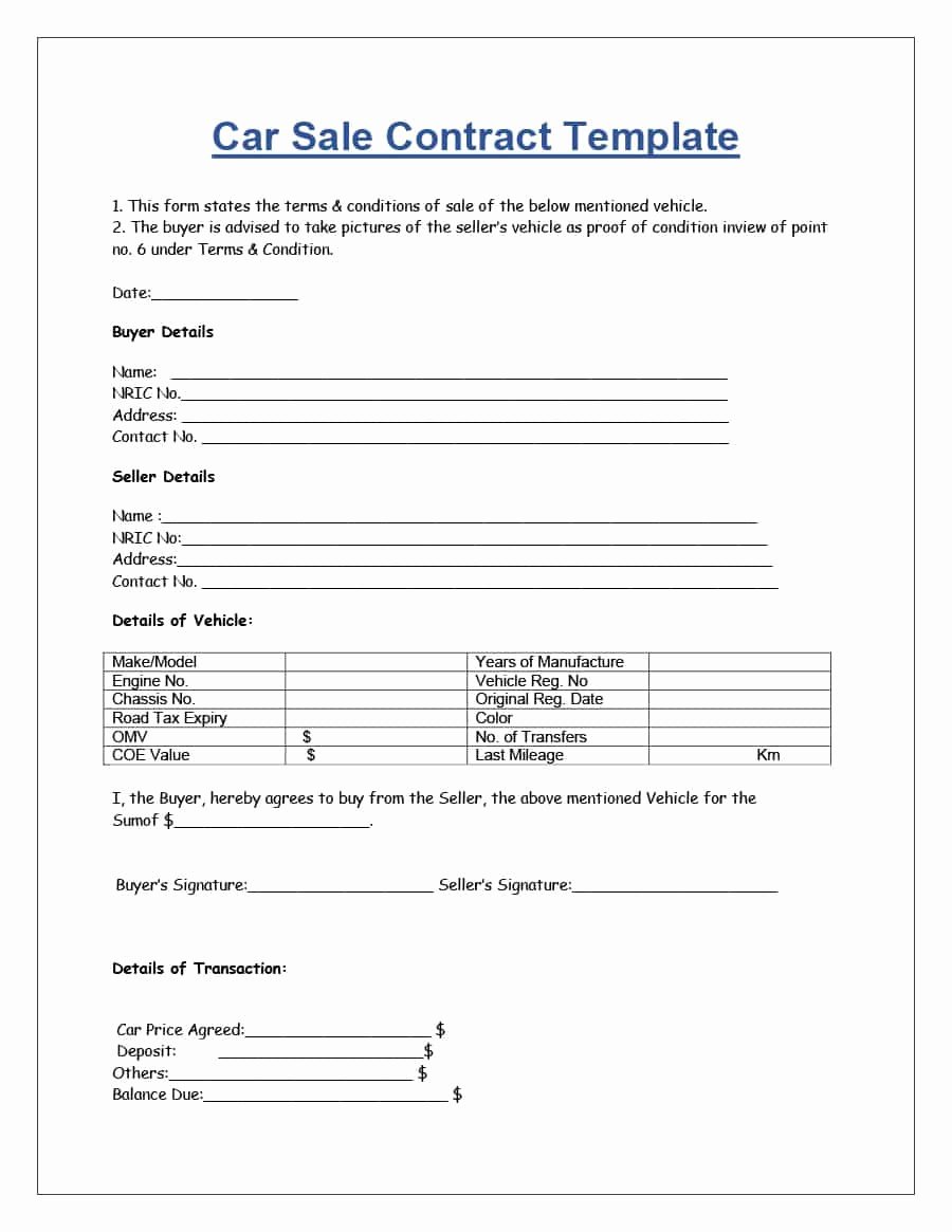 Used Car Contract Template Fresh 42 Printable Vehicle Purchase Agreement Templates