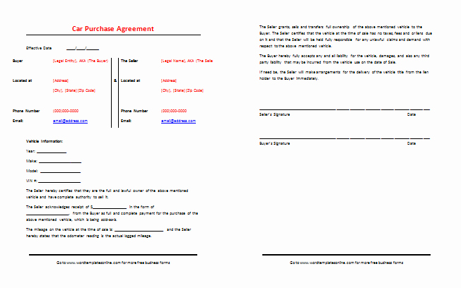 Used Car Contract Template Lovely Car Purchase Agreement Template Best Samples