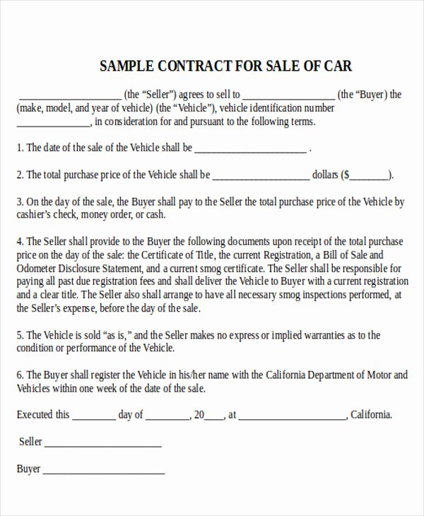 Used Car Contract Template Lovely Sample Used Car Sale Contract 7 Examples In Word Pdf