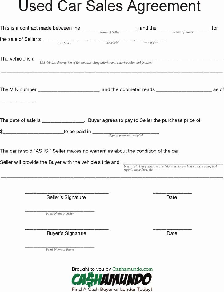 Used Car Contract Template New 2 Car Purchase Agreement Free Download