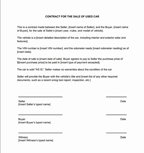 Used Car Contract Template New Used Car Sales Contract