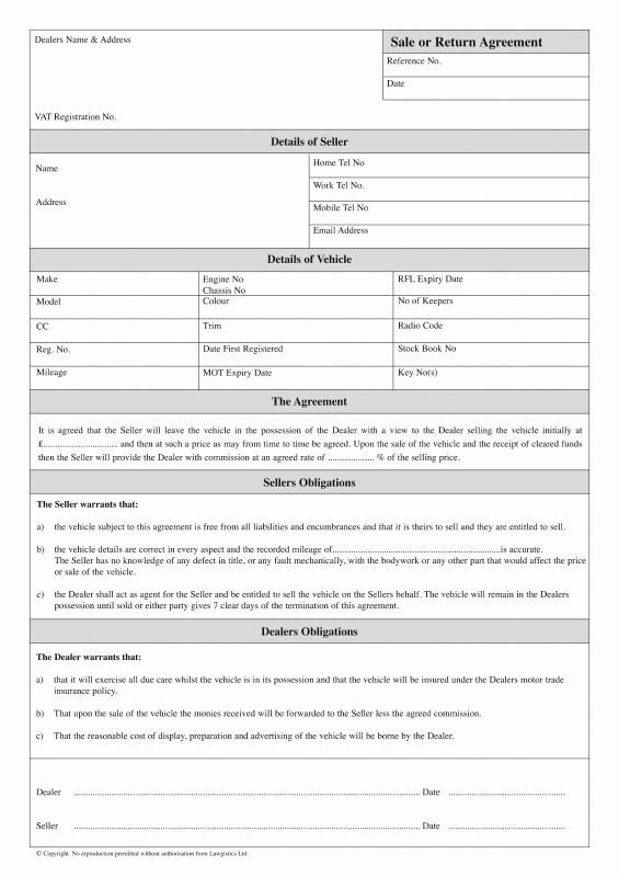 Used Car Sales Agreement Template Inspirational Sale or Return Agreement for Used Car Sales