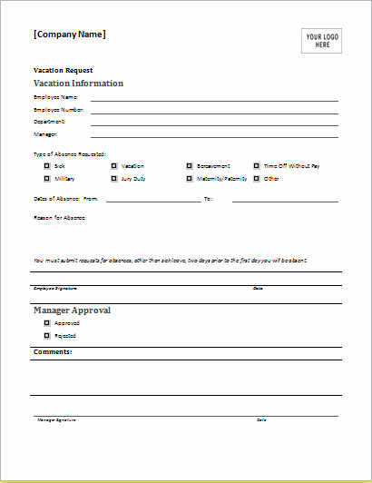 Vacation Request form Template Inspirational Employee Vacation Request form for Ms Word