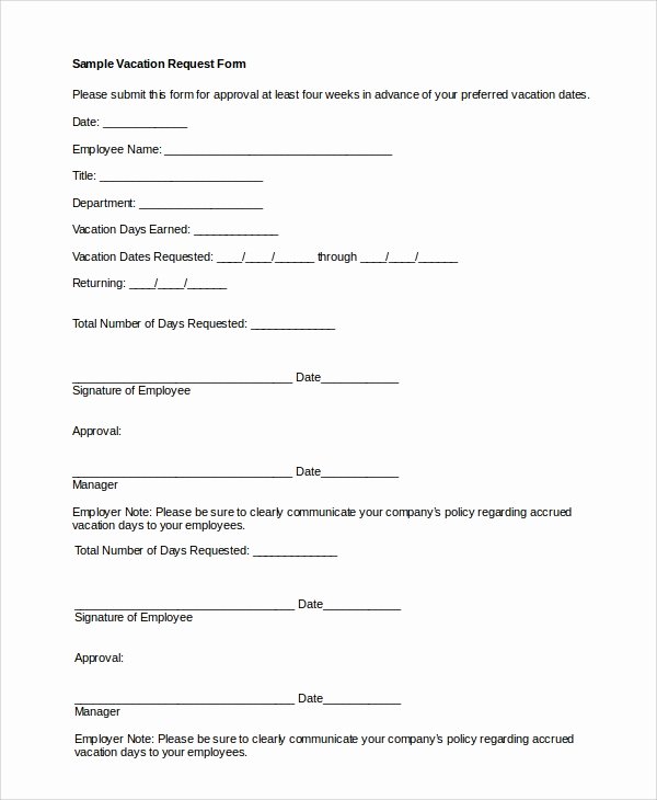 Vacation Request form Template Lovely Sample Vacation Request form 8 Examples In Pdf Word