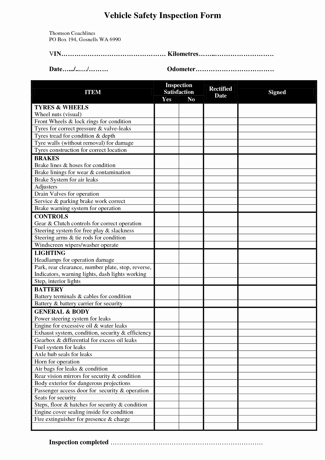Vehicle Inspection Checklist Template Beautiful Vehicle Safety Inspection form Safety Inspection forms