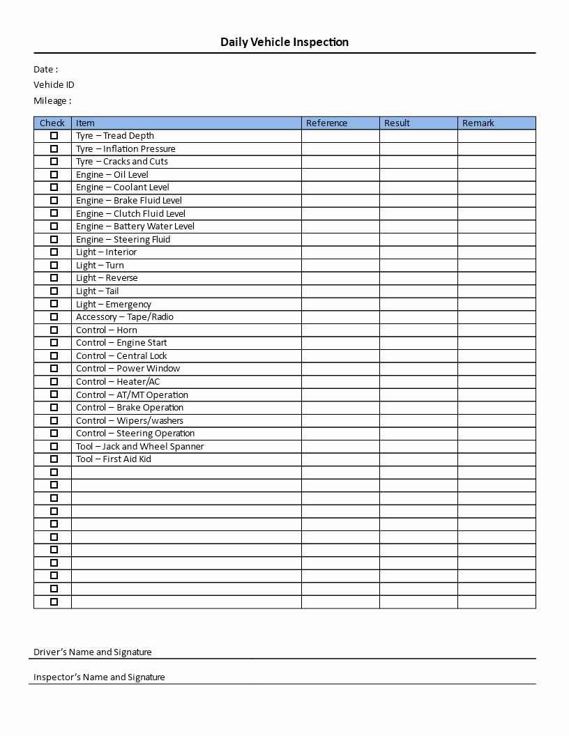 Vehicle Inspection Checklist Template New Daily Vehicle Inspection Checklist Download This Daily