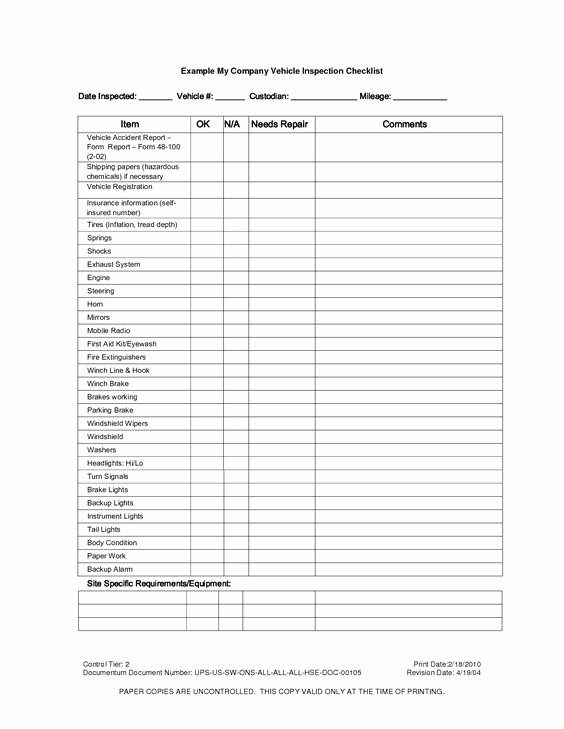 Vehicle Inspection Checklist Template Unique Vehicle Inspection Checklist Template