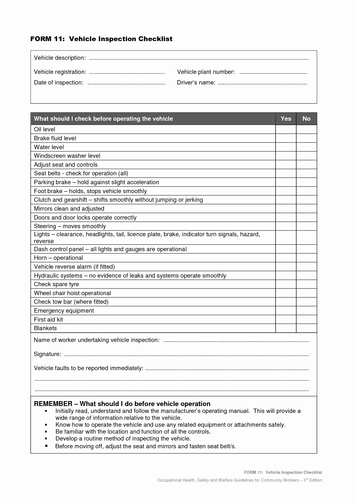 Vehicle Inspection Checklist Template Unique Vehicle Safety Inspection Checklist form