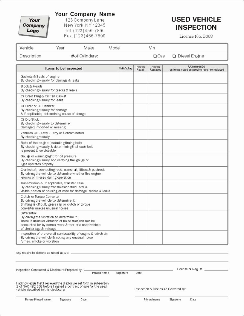 Vehicle Inspection form Template Best Of Used Vehicle Inspection form Item 7802 Inspection