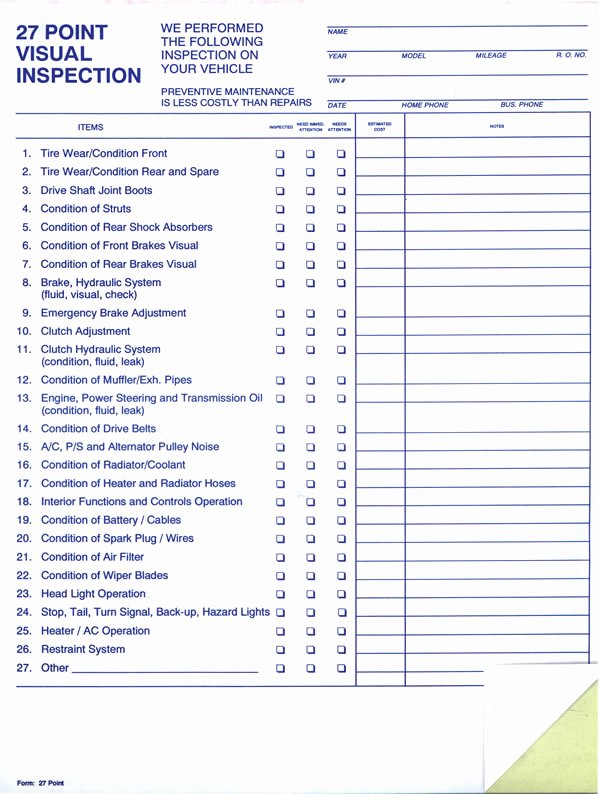 Vehicle Inspection forms Templates Best Of Buy 27 Point Inspection forms Estampe