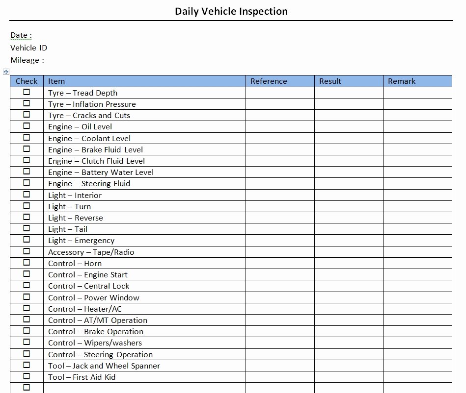 Vehicle Inspection forms Templates Elegant Daily Vehicle Inspection Checklist