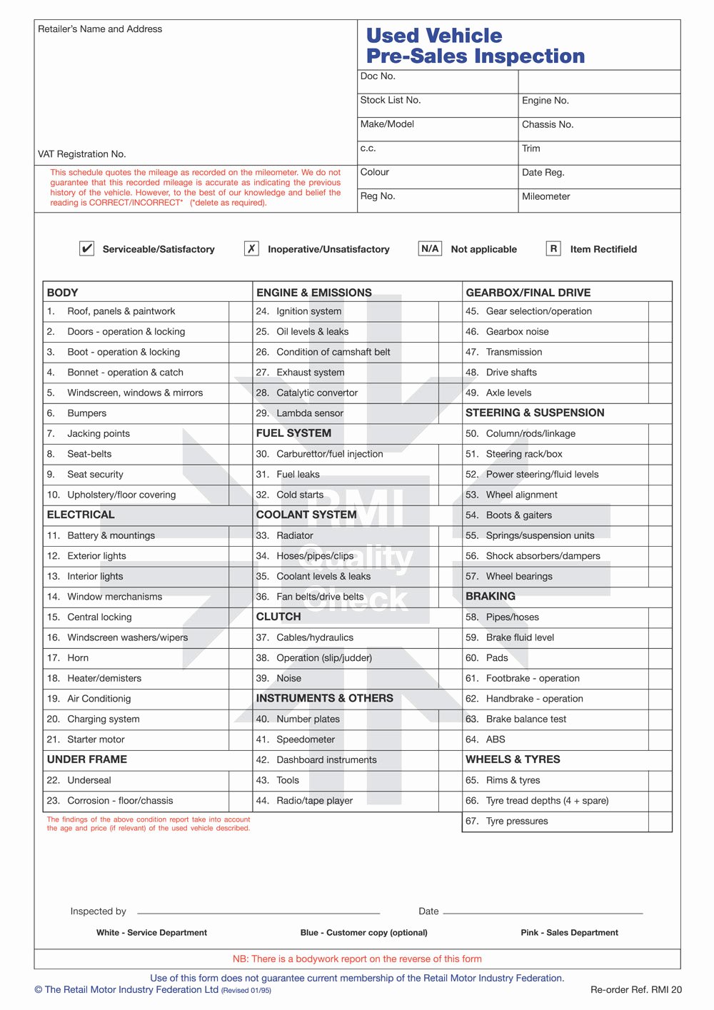 Vehicle Inspection forms Templates Fresh Rmi020 Used Vehicle Pre Sales Inspection form Pad Rmi