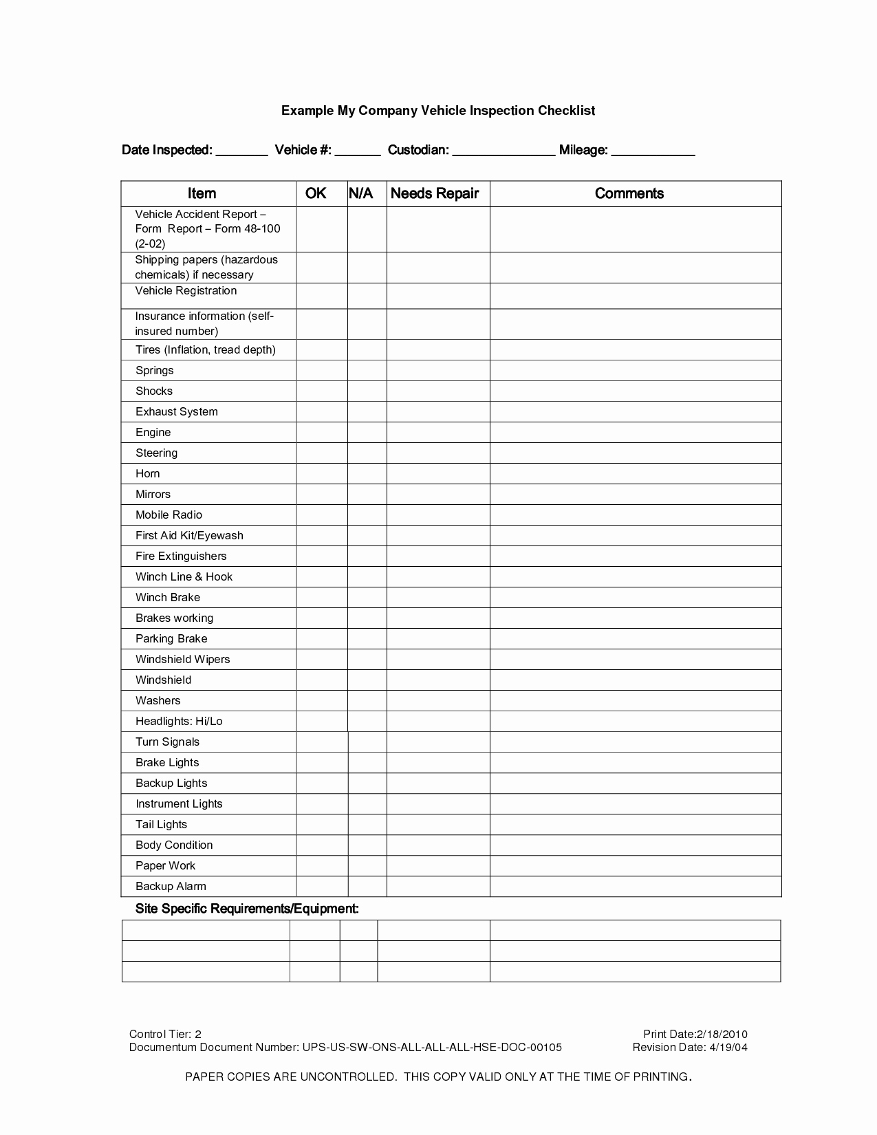 Vehicle Inspection Sheet Template Fresh Vehicle Inspection Checklist Template