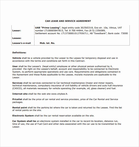 Vehicle Lease Agreement Template Beautiful 5 Sample Car Lease Agreements Word Pdf Pages