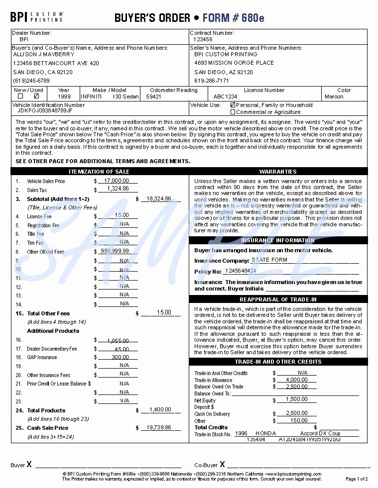 Vehicle Purchase order Template Awesome 6 Best S Of Vehicle Buyers order form Template Pdf