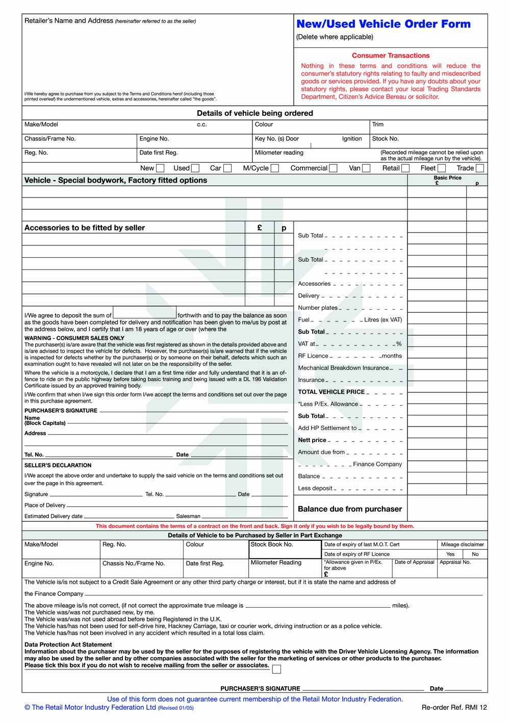 Vehicle Purchase order Template Best Of Rmi012p New Used Vehicle order form Pad Rmi Webshop