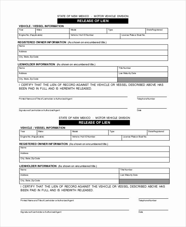 Vehicle Release form Template Beautiful Sample Lien Release form 9 Examples In Pdf Word