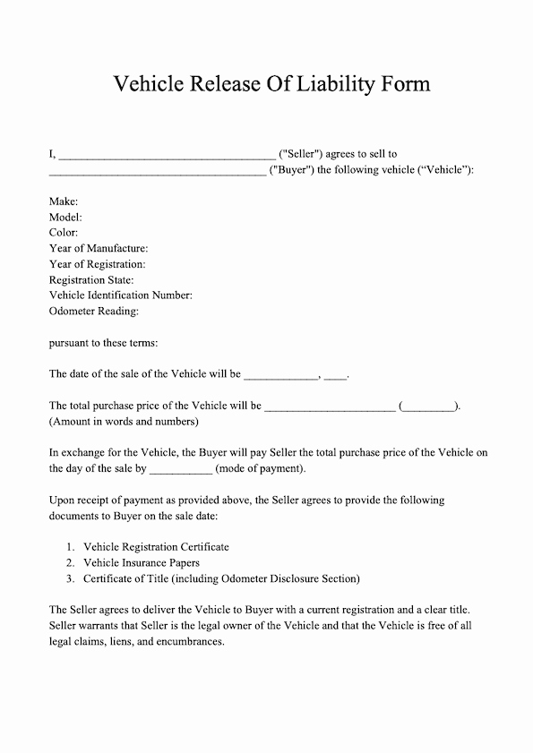 Vehicle Release form Template Elegant Free Release Of Liability form Template