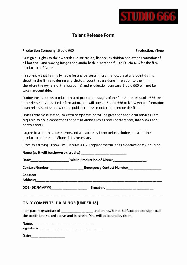 Vehicle Release form Template Lovely Talent Release form
