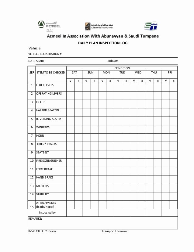 Vehicle Safety Inspection Checklist Template Unique Vehicle Plant Daily Inspection Log