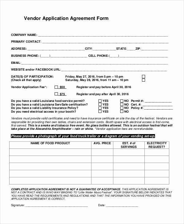 Vendor Application form Template Fresh Basic Agreement form