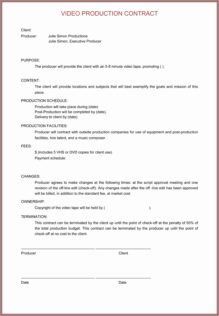 Videography Contract Template Free Fresh Video Production Contract 6 Printable Contract Samples
