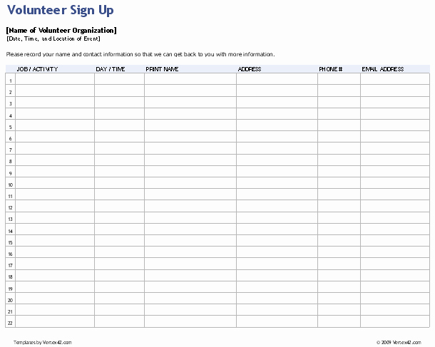 Volunteer Sign Up Sheet Template Unique Download the Volunteer Sign Up Sheet From Vertex42