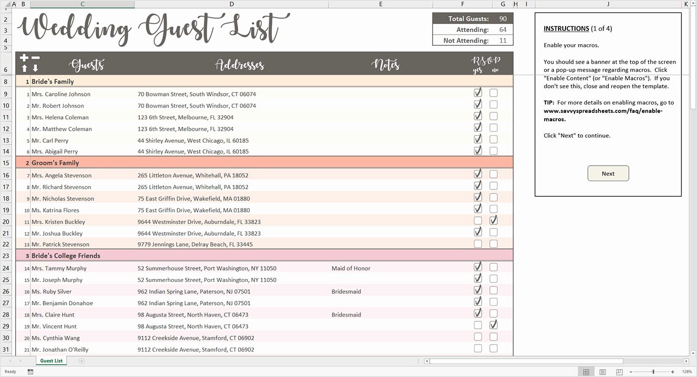 Wedding Guest List Template Awesome Peachy Wedding Guest List Excel Template – Savvy