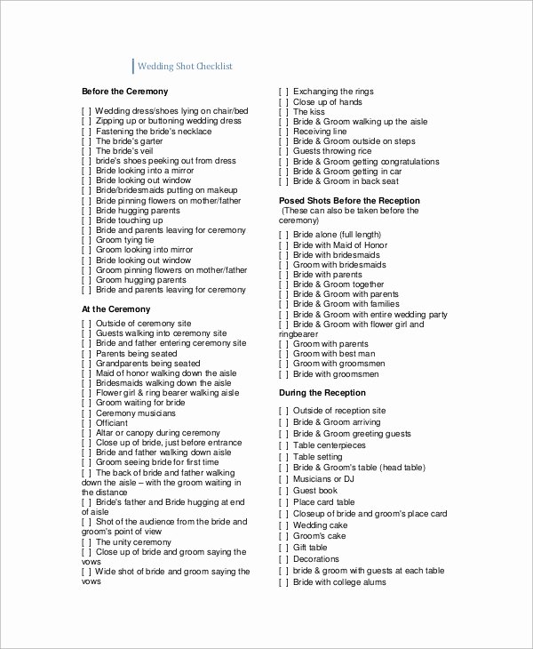Wedding Shot List Template Fresh Printable Wedding Checklist Sample 10 Examples In Pdf Word